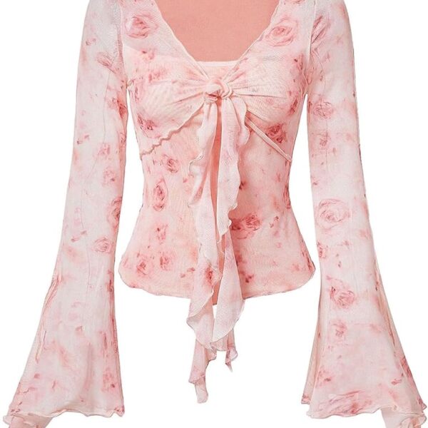 Y2K Pink Mesh Bell Sleeve Top – Sheer Floral Aesthetic Blouse